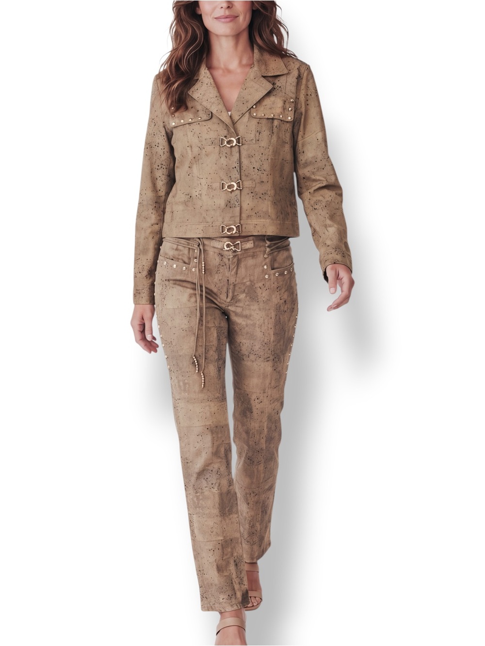 V Cristina Y2K Metallic Gold Olive Splatter Mirror Accent Jacket Pants Set L 10